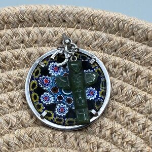 Italian millefiori art glass pendant, stone thunderbird charm + horseshoe charm